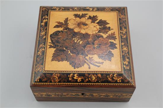 A Tunbridge ware rosewood floral bouquet mosaic handkerchief box, 6in.